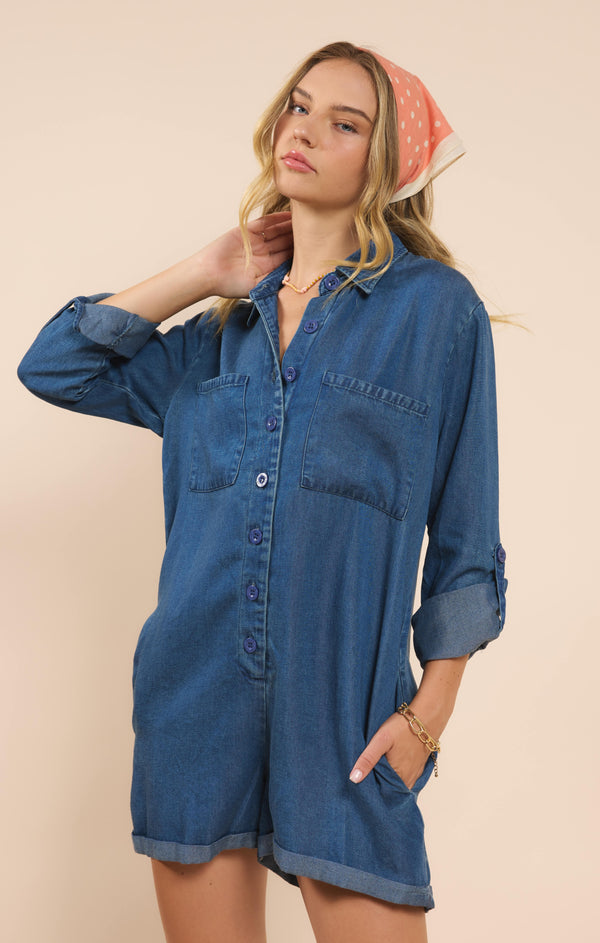 It's Pouring Buttoned Romper, Dark Chambray | Sadie & Sage