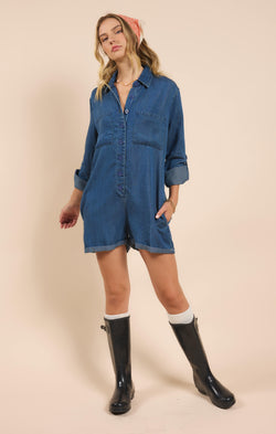 It's Pouring Buttoned Romper, Dark Chambray | Sadie & Sage